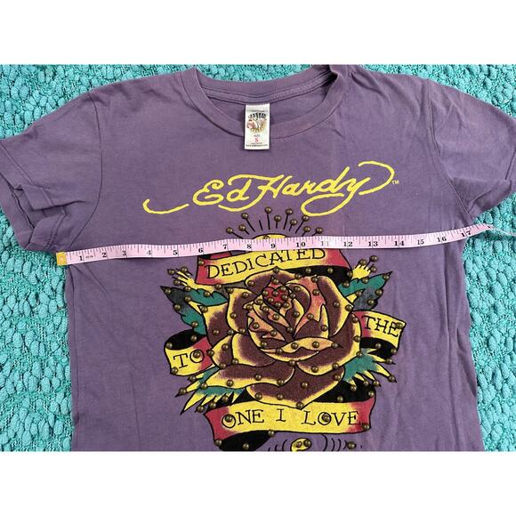 VINTAGE Y2K ED HARDY STUDDED PURPLE TEE S - Picture 6 of 6